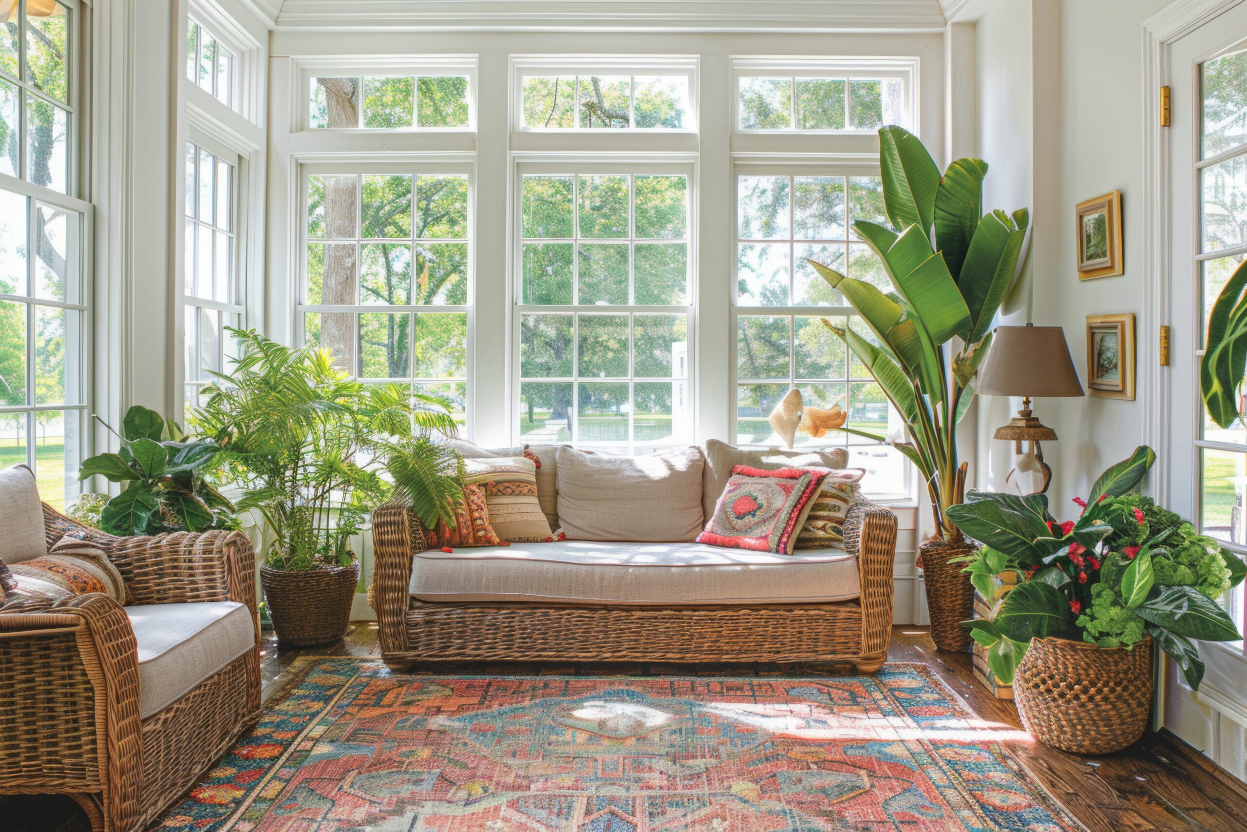 A bright and airy sunroom filled with indoor plants and a couch